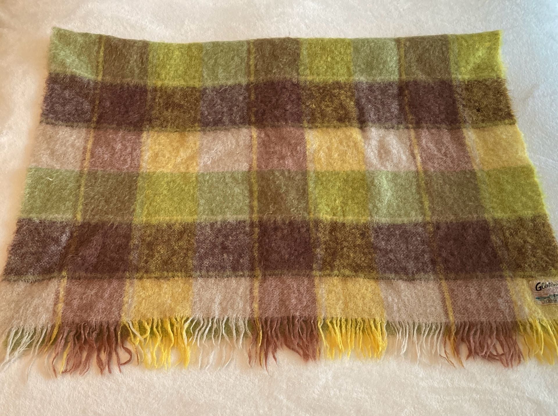 Glentana Mohair Throw Blanket Plaid Green Brown Yellow Fringe Made in Scotland 1