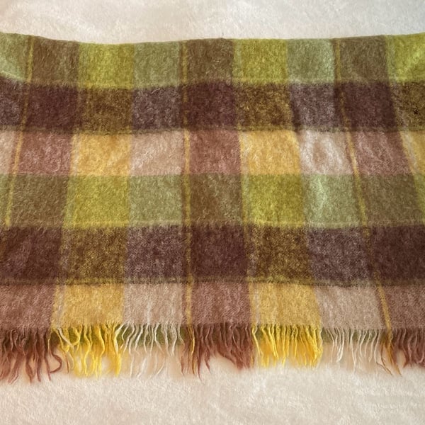 Glentana Mohair Throw Blanket Plaid Green Brown Yellow Fringe Made in Scotland