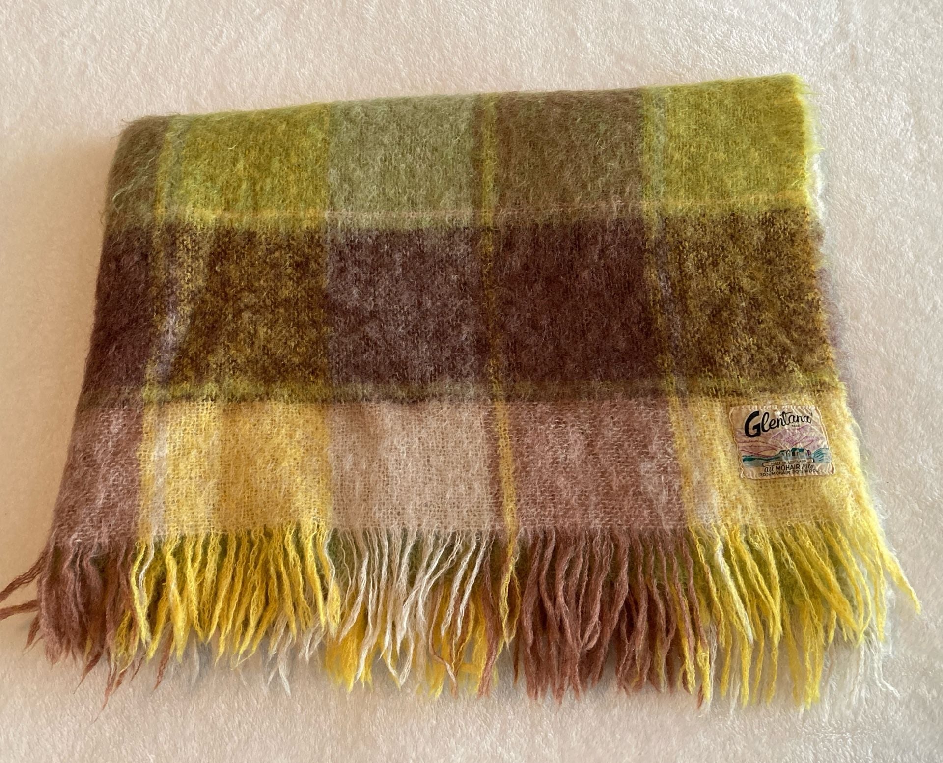 Glentana Mohair Throw Blanket Plaid Green Brown Yellow Fringe Made in Scotland 2
