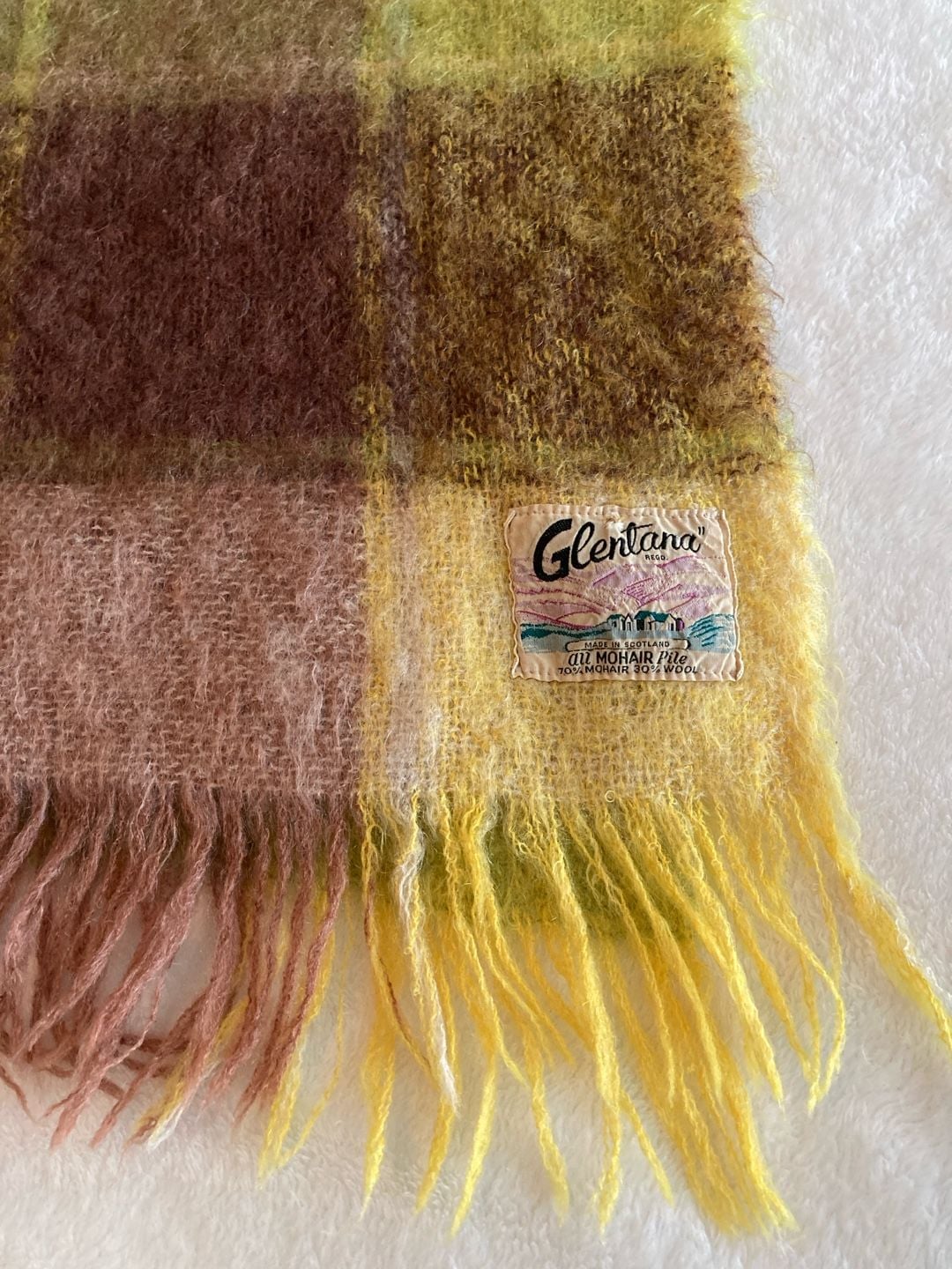 Glentana Mohair Throw Blanket Plaid Green Brown Yellow Fringe Made in Scotland 3