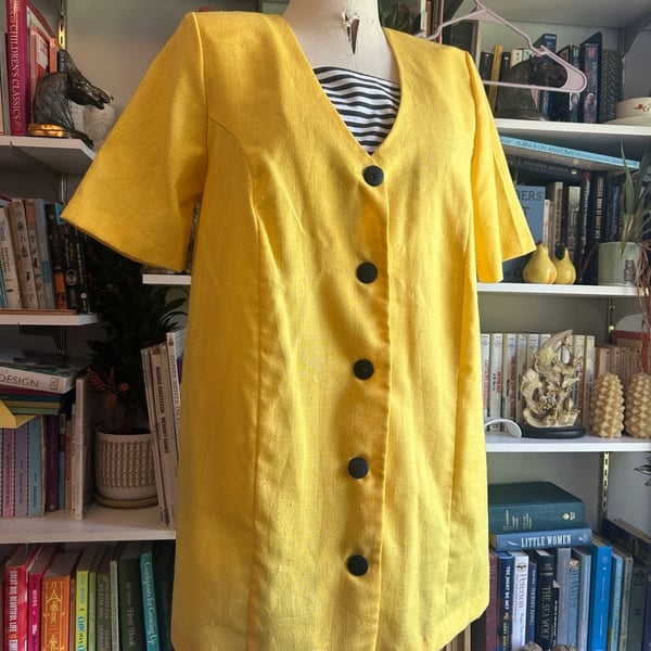 Vintage Yellow Button-Up Dress Size 12 Short Sleeve