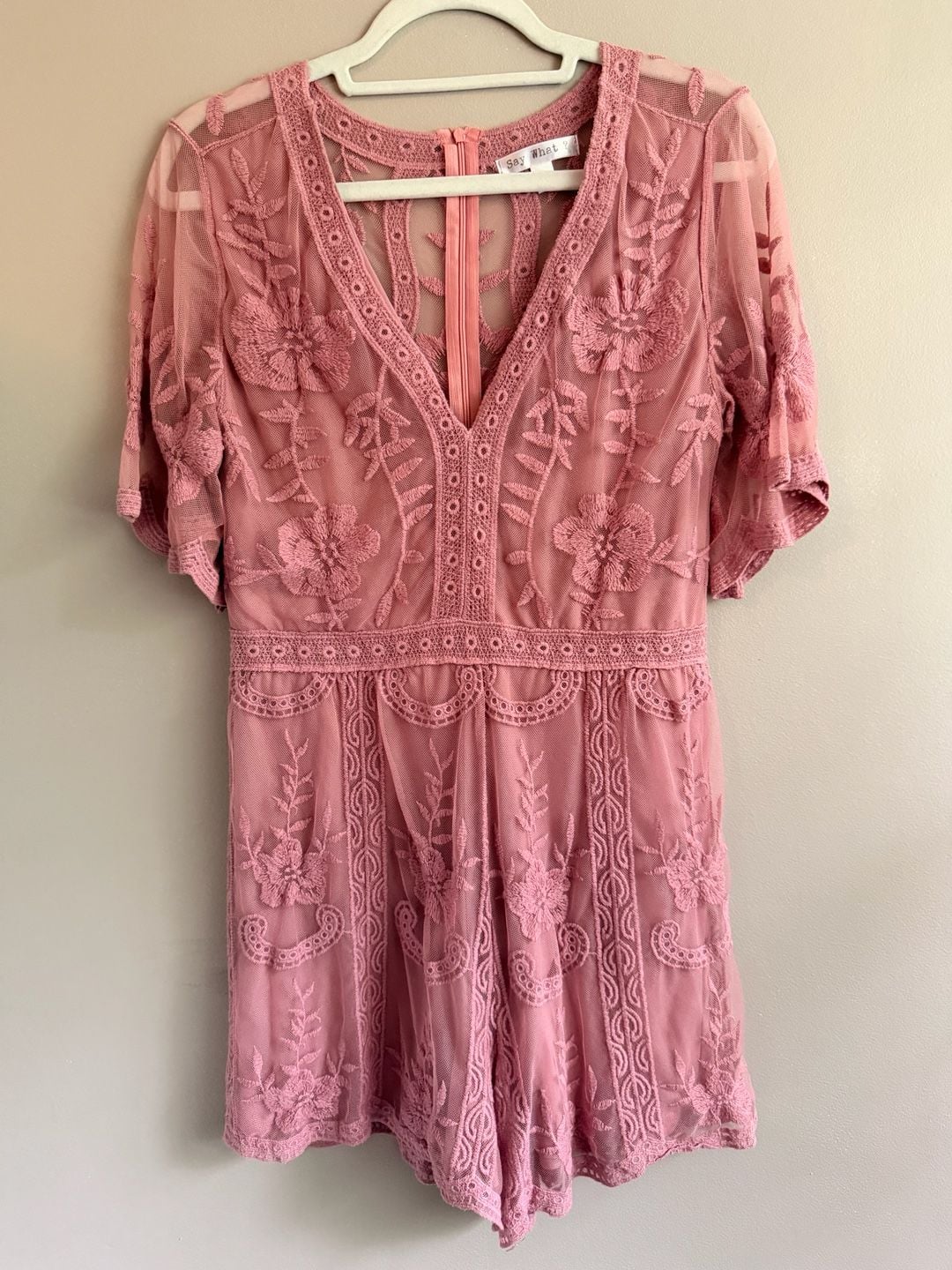 Say What? Pink Floral Embroidered Lace Romper Size M 2