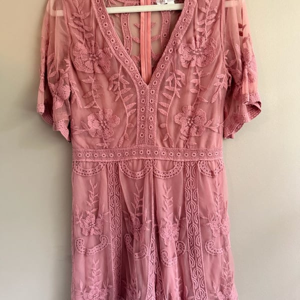 Say What? Pink Floral Embroidered Lace Romper Size M
