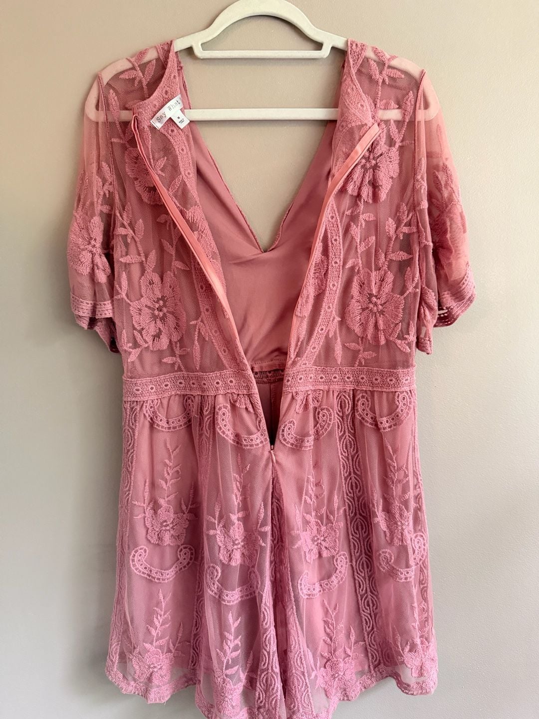 Say What? Pink Floral Embroidered Lace Romper Size M 8