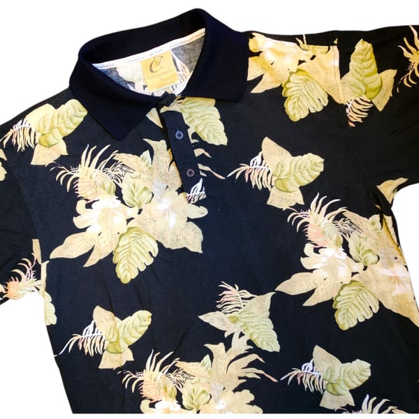 Claudio Nucci Vintage 90s Tropical Floral Rayon Polo Shirt Men's XL Black Yellow