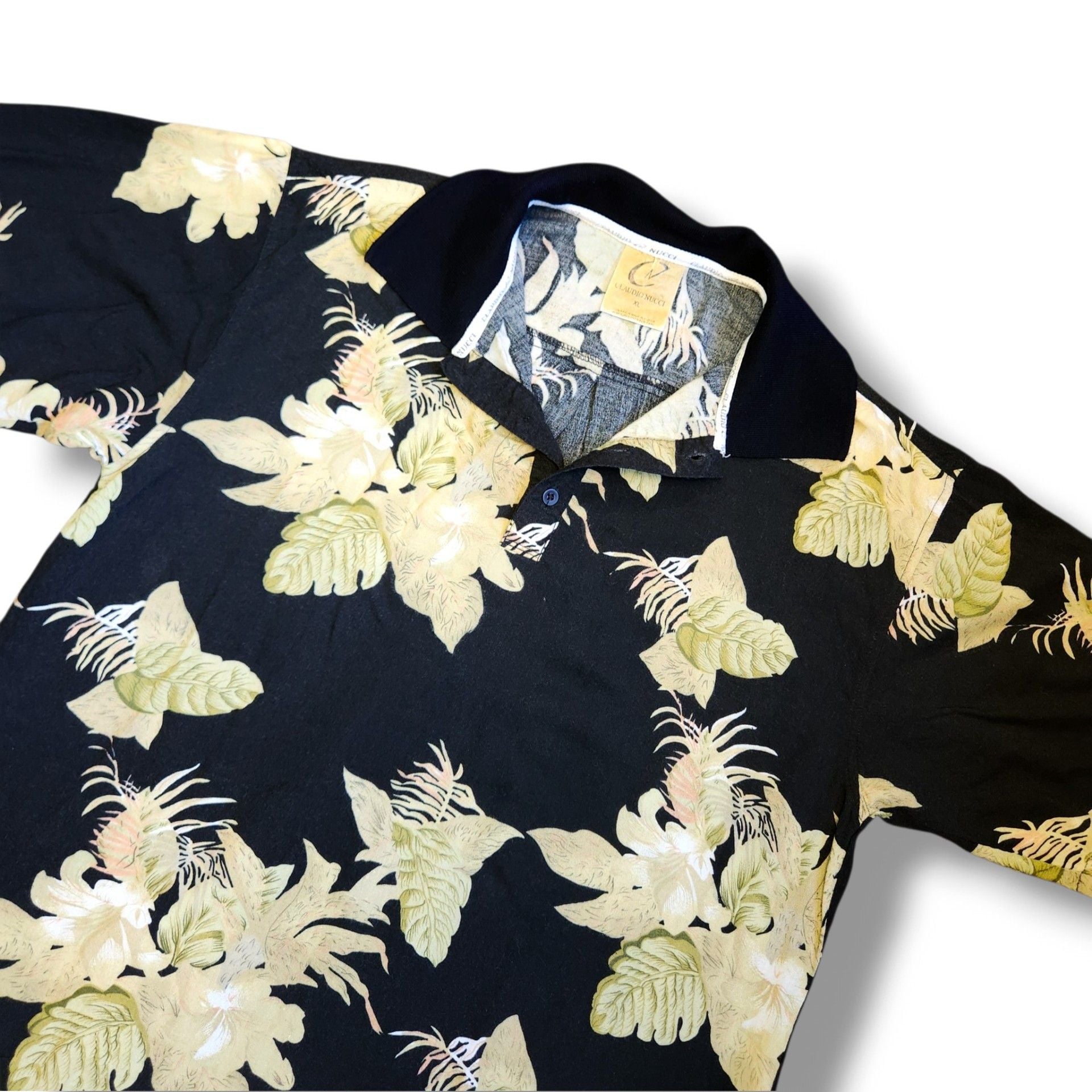 Claudio Nucci Vintage 90s Tropical Floral Rayon Polo Shirt Men's XL Black Yellow 7