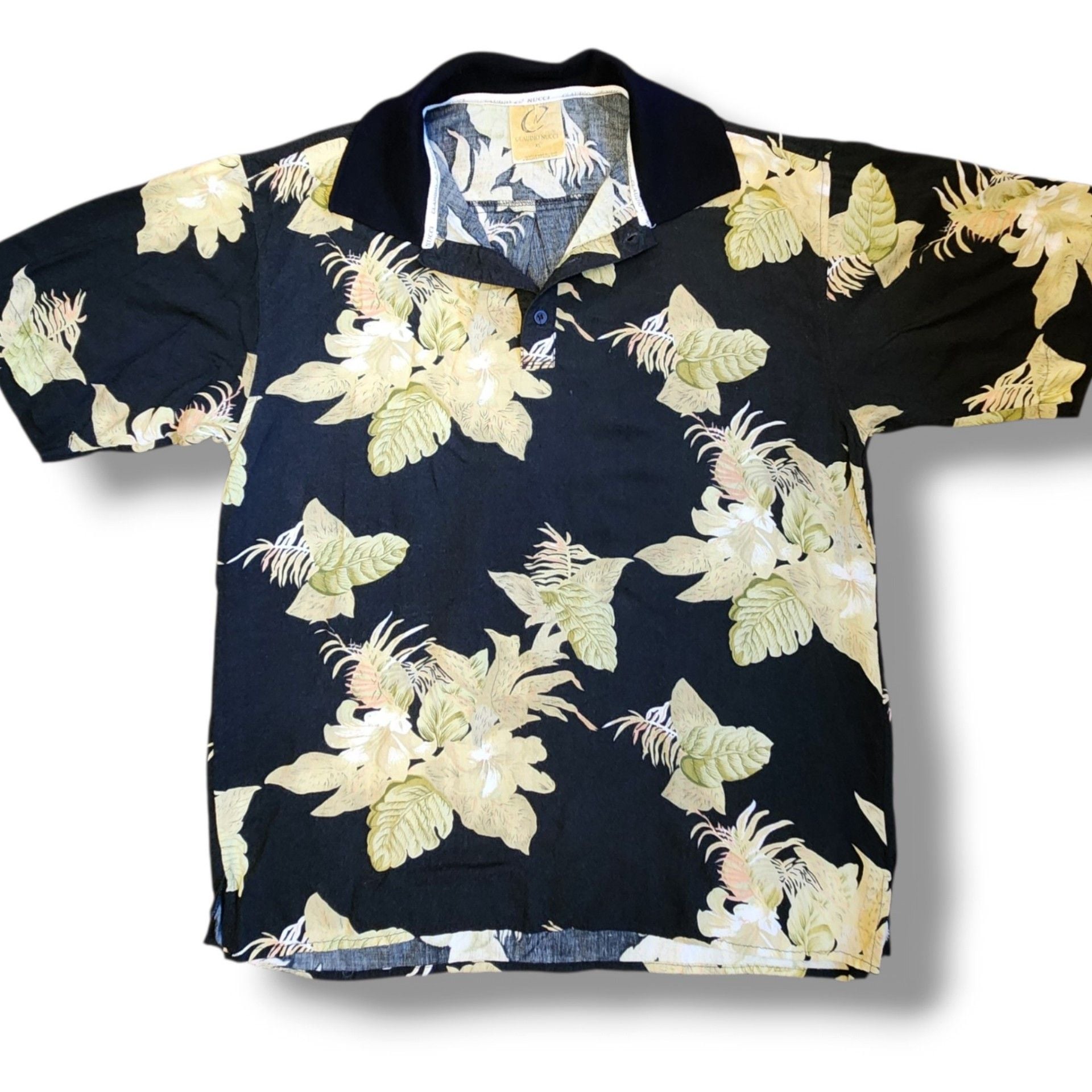 Claudio Nucci Vintage 90s Tropical Floral Rayon Polo Shirt Men's XL Black Yellow 8