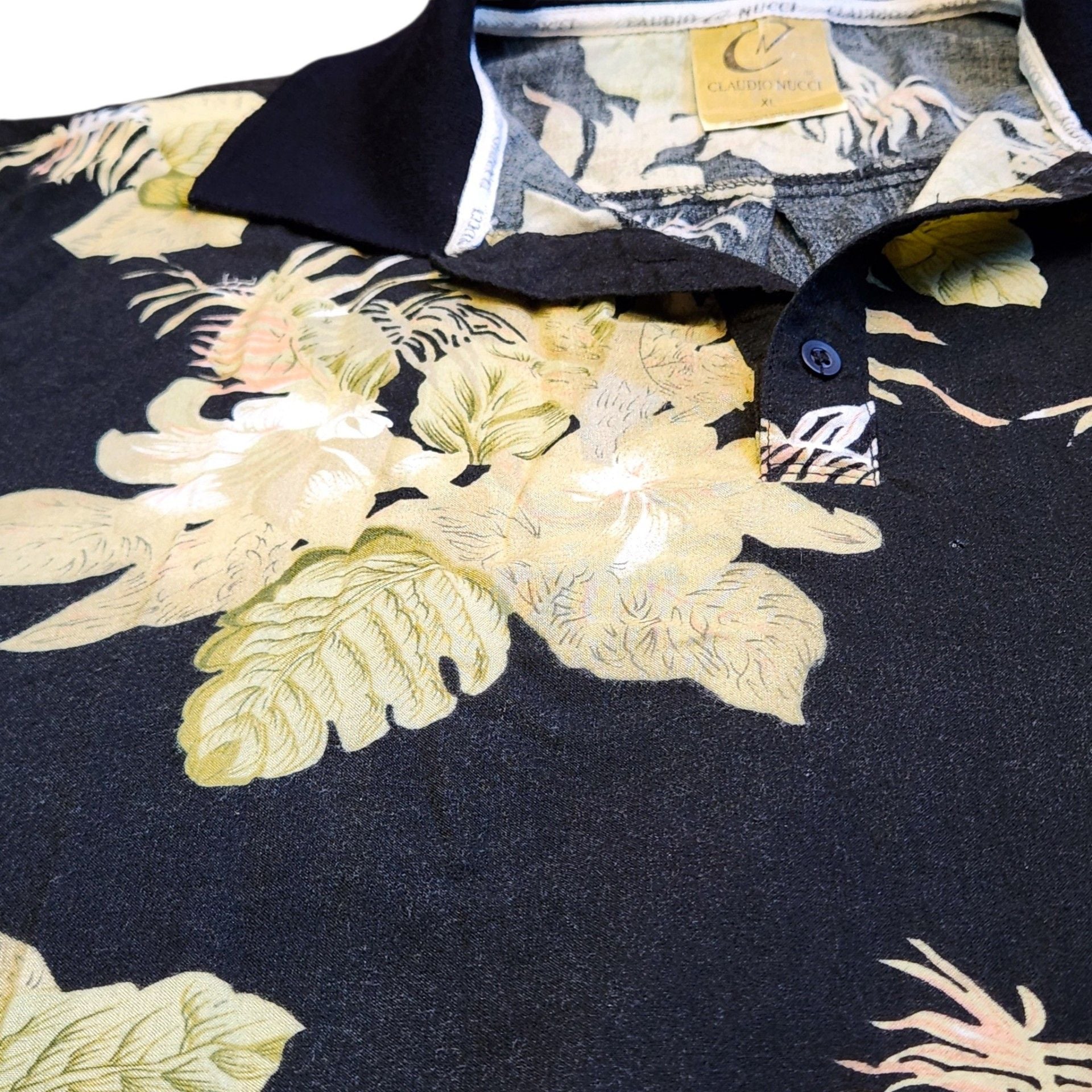 Claudio Nucci Vintage 90s Tropical Floral Rayon Polo Shirt Men's XL Black Yellow 13