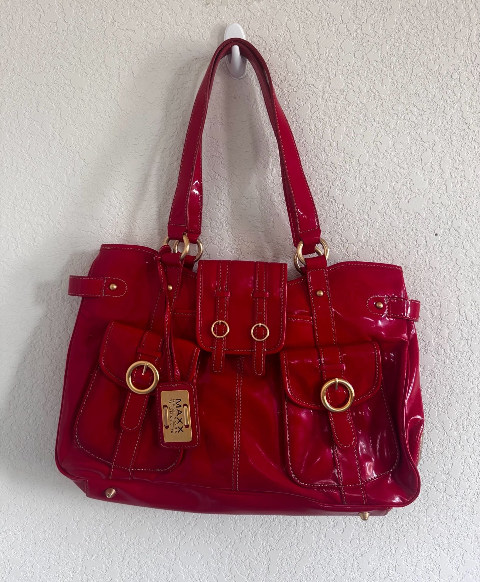 Red Patent Cargo Pocket Shoulder Bag + Matching Wallet | Maxx New York 1