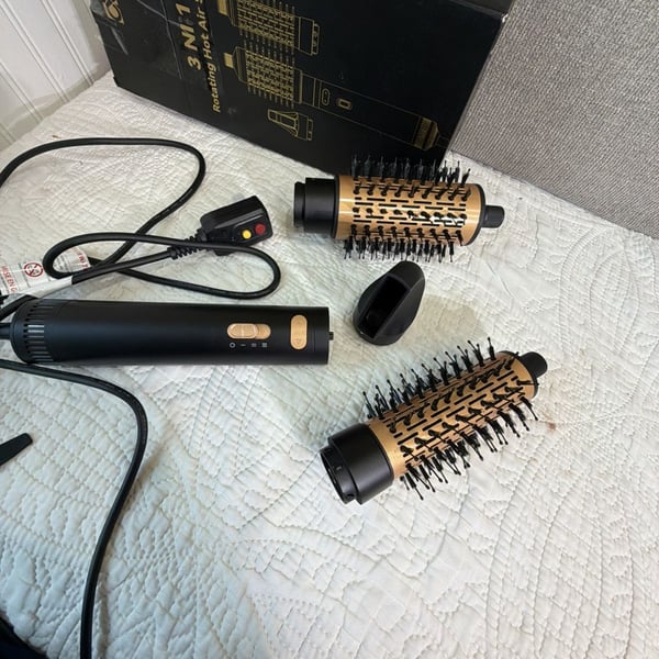 3 in 1 Rotating Hot Air Styler Black and Gold Hair Dryer Brush