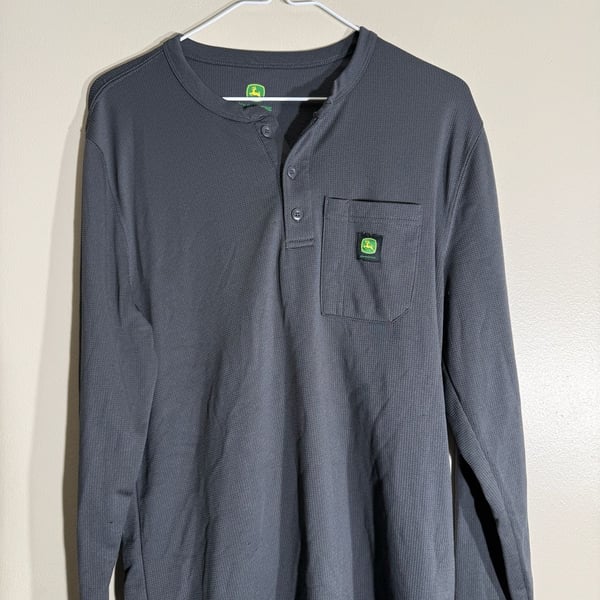 John Deere Henley Thermal Shirt Size M Dark Gray Long Sleeve Pocket