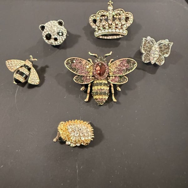 Rhinestone Brooch Lot Animal Insect Crown Assorted Set of 6