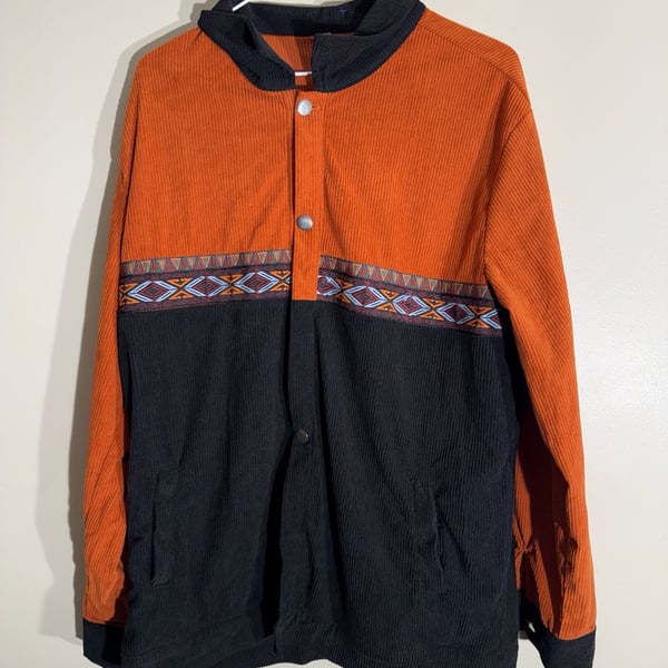 Corduroy Colorblock Jacket Size L Orange Black Aztec Pattern