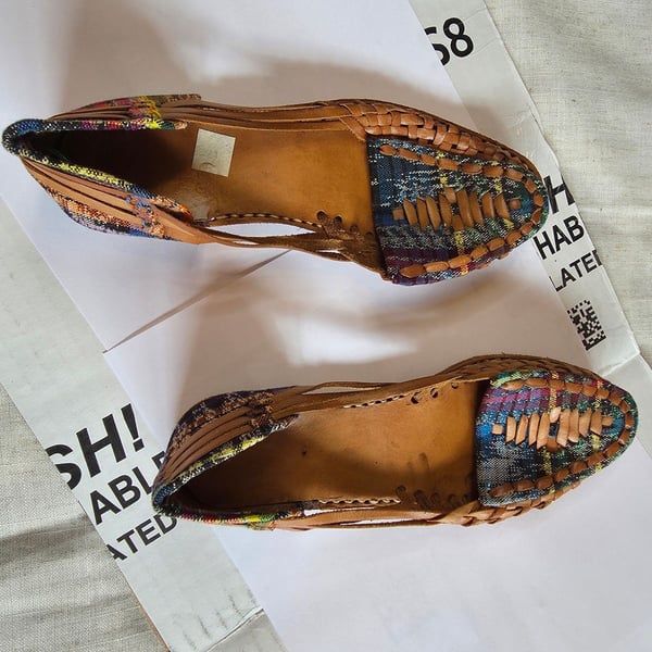 Artisanal Woven Leather Huarache Flats Brown Multi Plaid