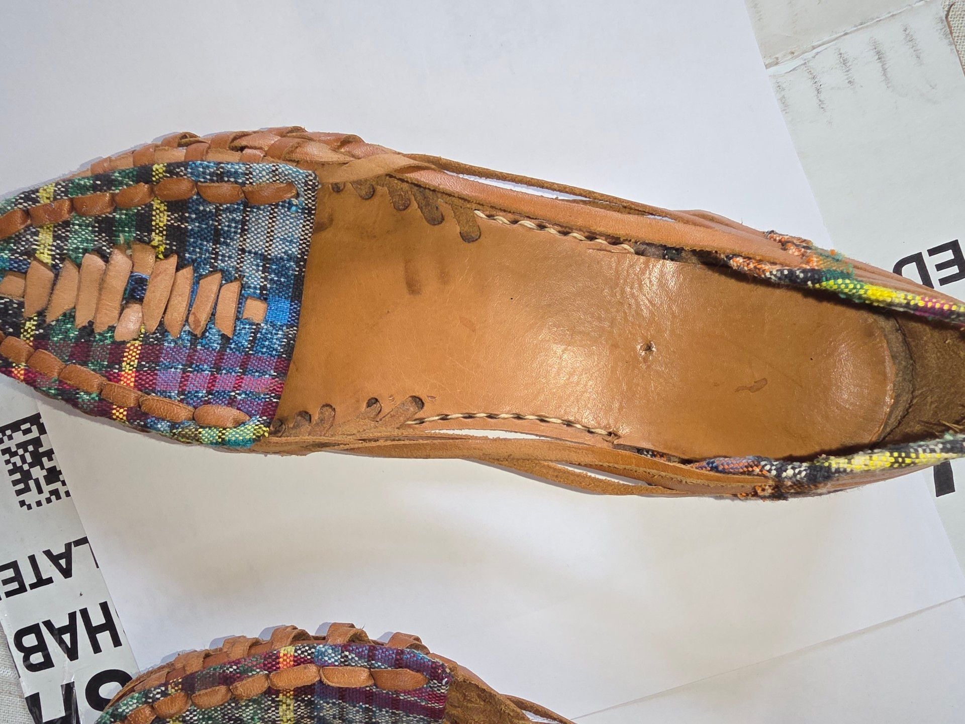 Artisanal Woven Leather Huarache Flats Brown Multi Plaid 3