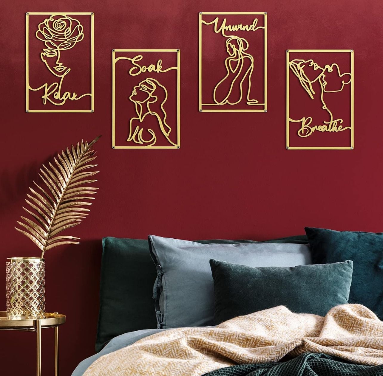 Metal Wall Art Abstract Female Single Line Wall Sculptures Gold 4 PCS 1