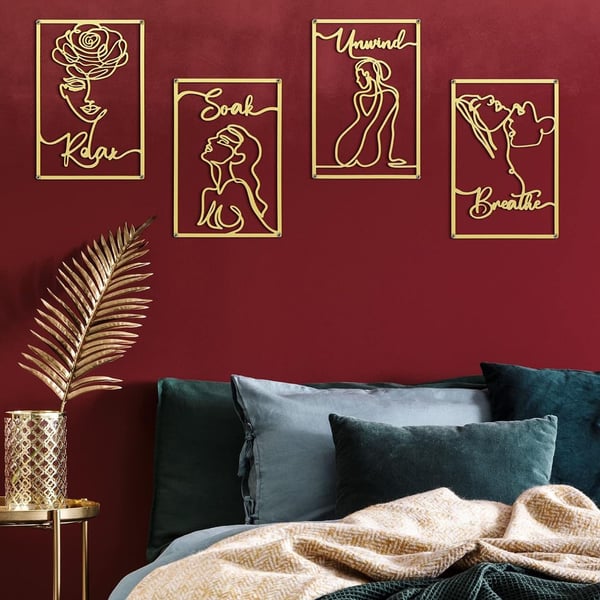 Metal Wall Art Abstract Female Single Line Wall Sculptures Gold 4 PCS