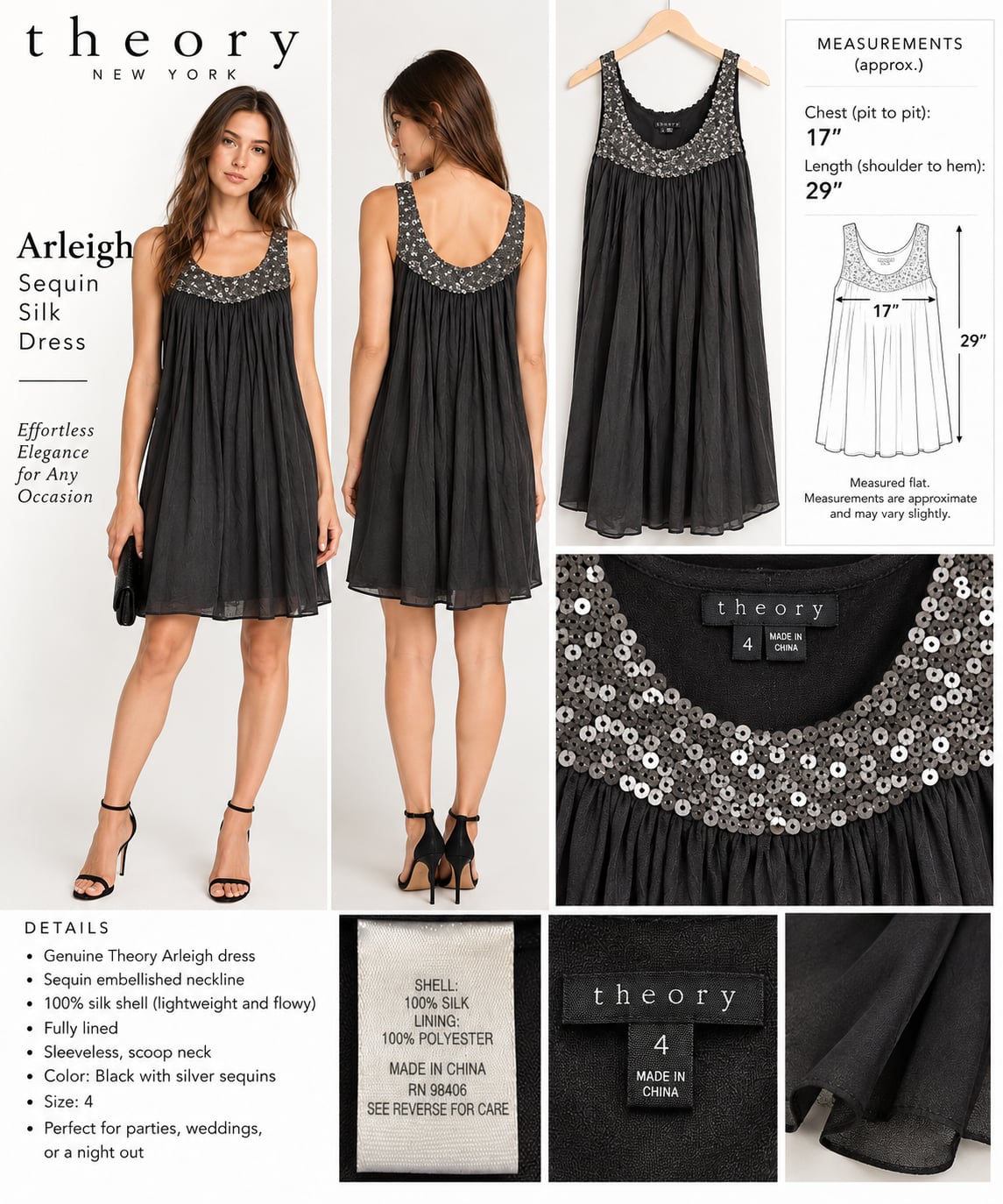 Theory Arleigh Sequin Silk Dress Black Size 4 2
