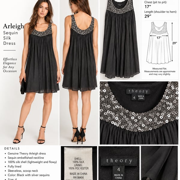 Theory Arleigh Sequin Silk Dress Black Size 4