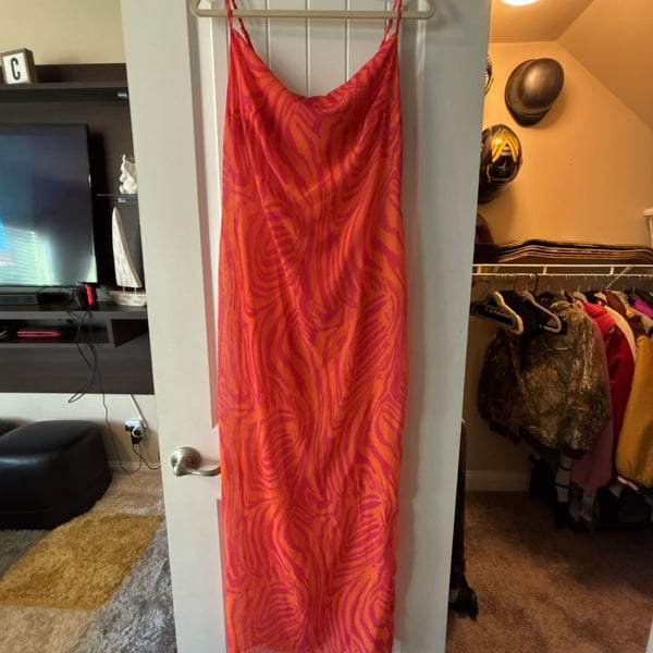 PrettyLittleThing Midi Dress Size 10 Pink Orange Zebra Print
