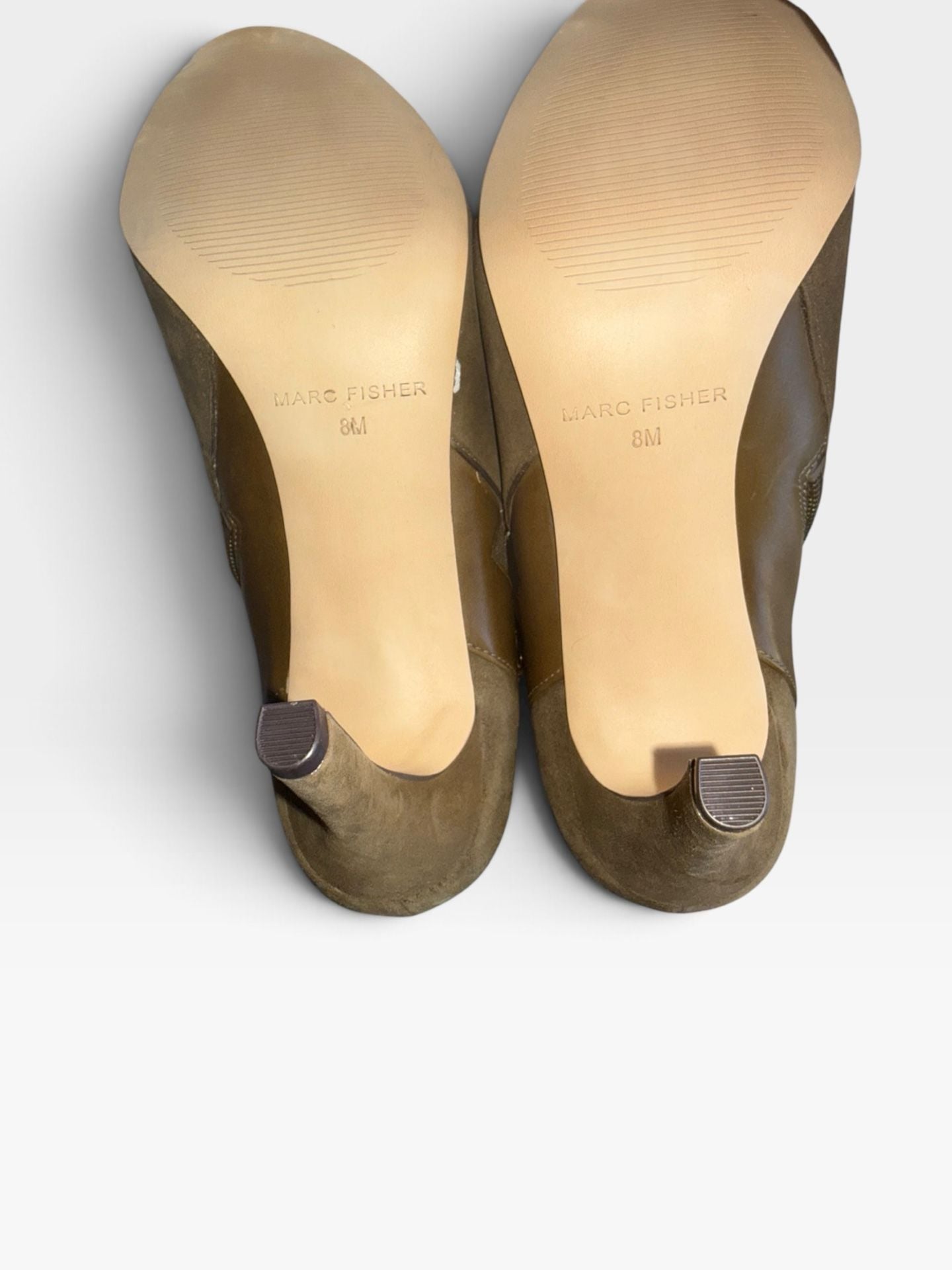 Min Box Marc Fisher Shimmee Bootie Size 8M Dark(Olive) Green Suede Peep Toe Heel 5