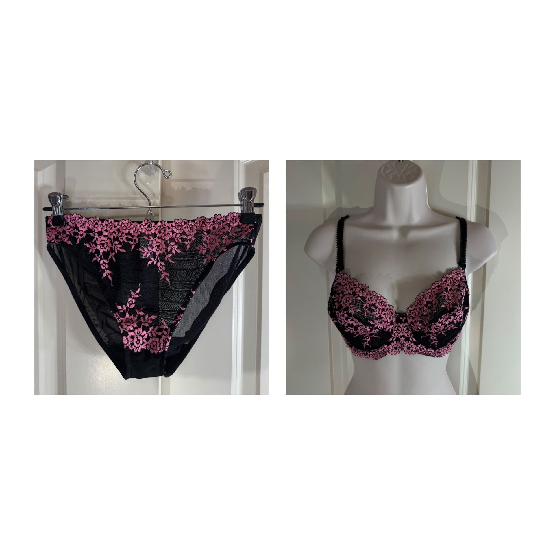 Wacoal Enbrace Lace Bra and Panty Set Black Pink 34C/Medium 1