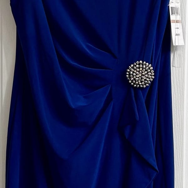 MSK Cocktail Dress Size 12 Cobalt Blue Brooch Ruched Ruffle