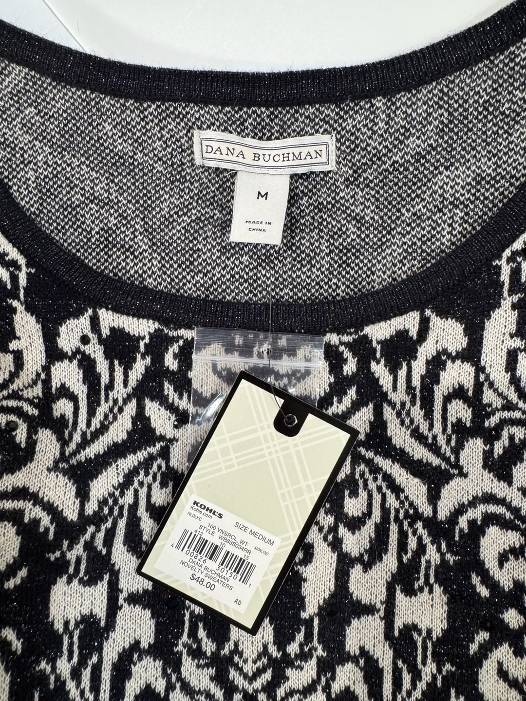 Dana Buchman Black & Cream Damask Print Sweater Size M 8