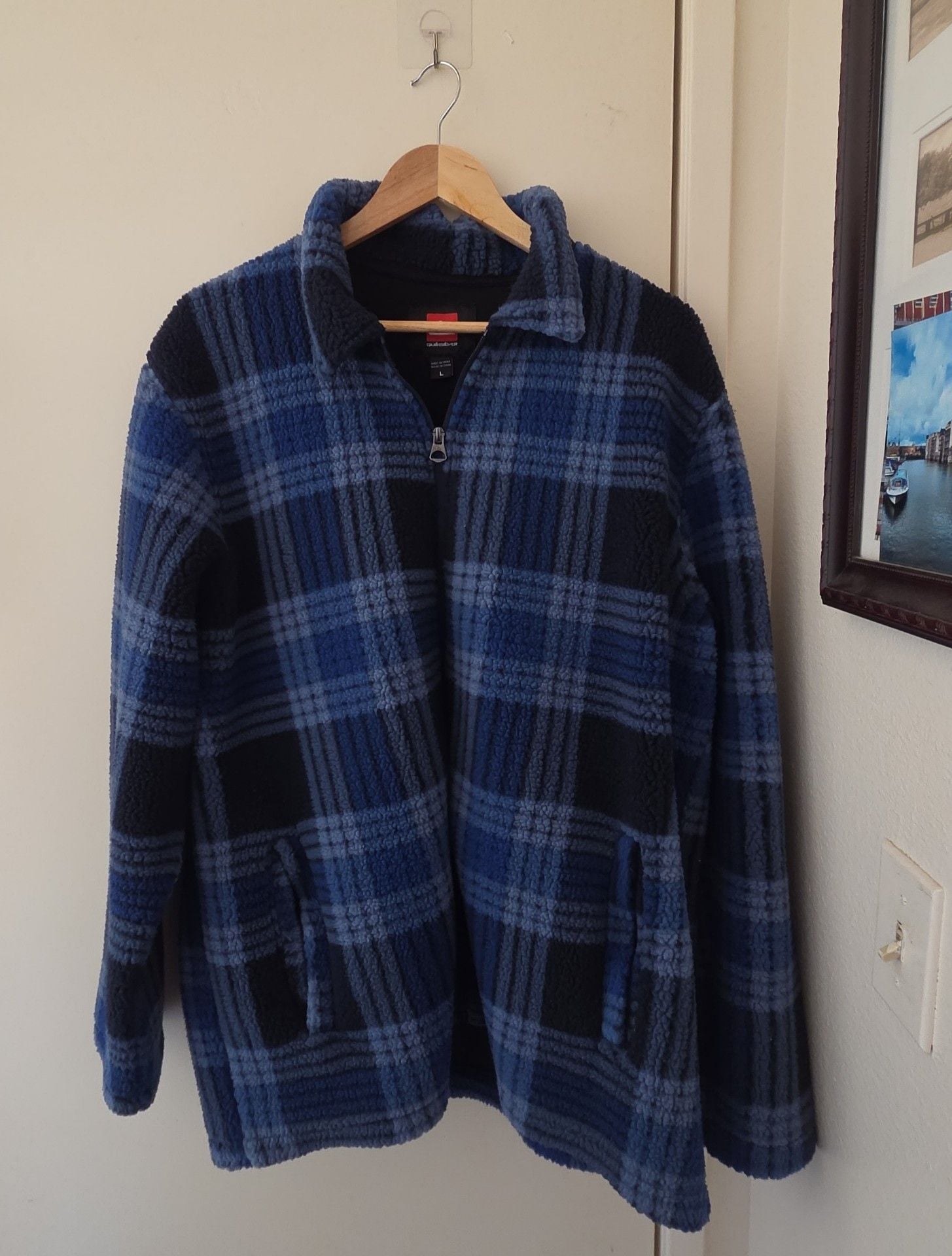 Quiksilver Fleece Jacket Size L Blue Plaid Zip Up Sherpa 2