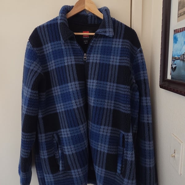 Quiksilver Fleece Jacket Size L Blue Plaid Zip Up Sherpa