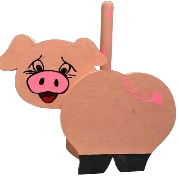 Vintage Hand-Painted Wooden Pig Paper Towel Holder