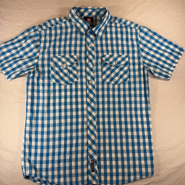 Southpole Short Sleeve Button-Up Shirt Size L Blue White Plaid Gingham