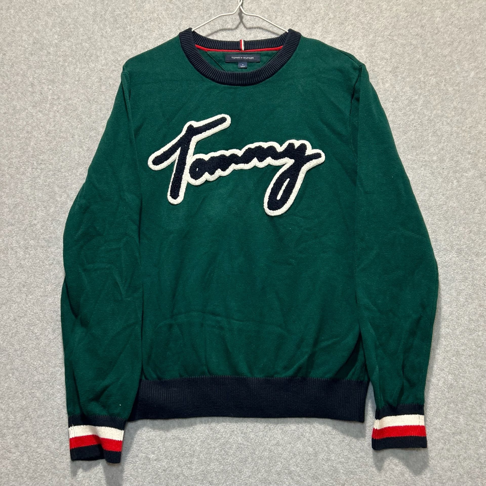 Tommy Hilfiger Men’s Green Y2K Script Logo Crewneck Pullover Sweater, Size M 2