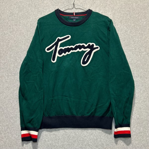 Tommy Hilfiger Men’s Green Y2K Script Logo Crewneck Pullover Sweater, Size M