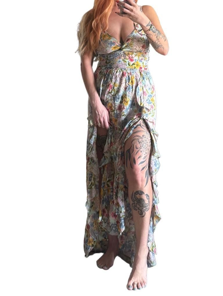 Y2K Angie FairyCore Floral Midi Dress Size M Ruffle Leg Splits 3