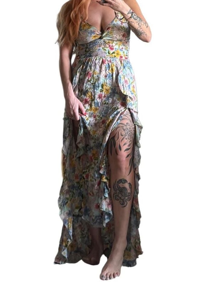 Y2K Angie FairyCore Floral Midi Dress Size M Ruffle Leg Splits 2