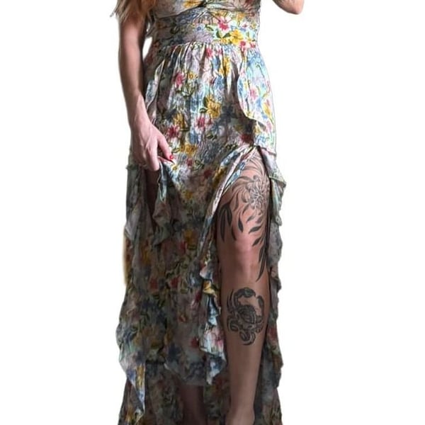 Y2K Angie FairyCore Floral Midi Dress Size M Ruffle Leg Splits