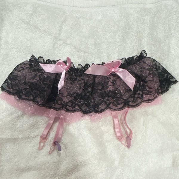 Black Lace Garter Belt with Pink Ribbons