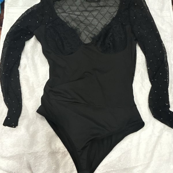 CBR Black Long Sleeve Bodysuit with Mesh and Lace