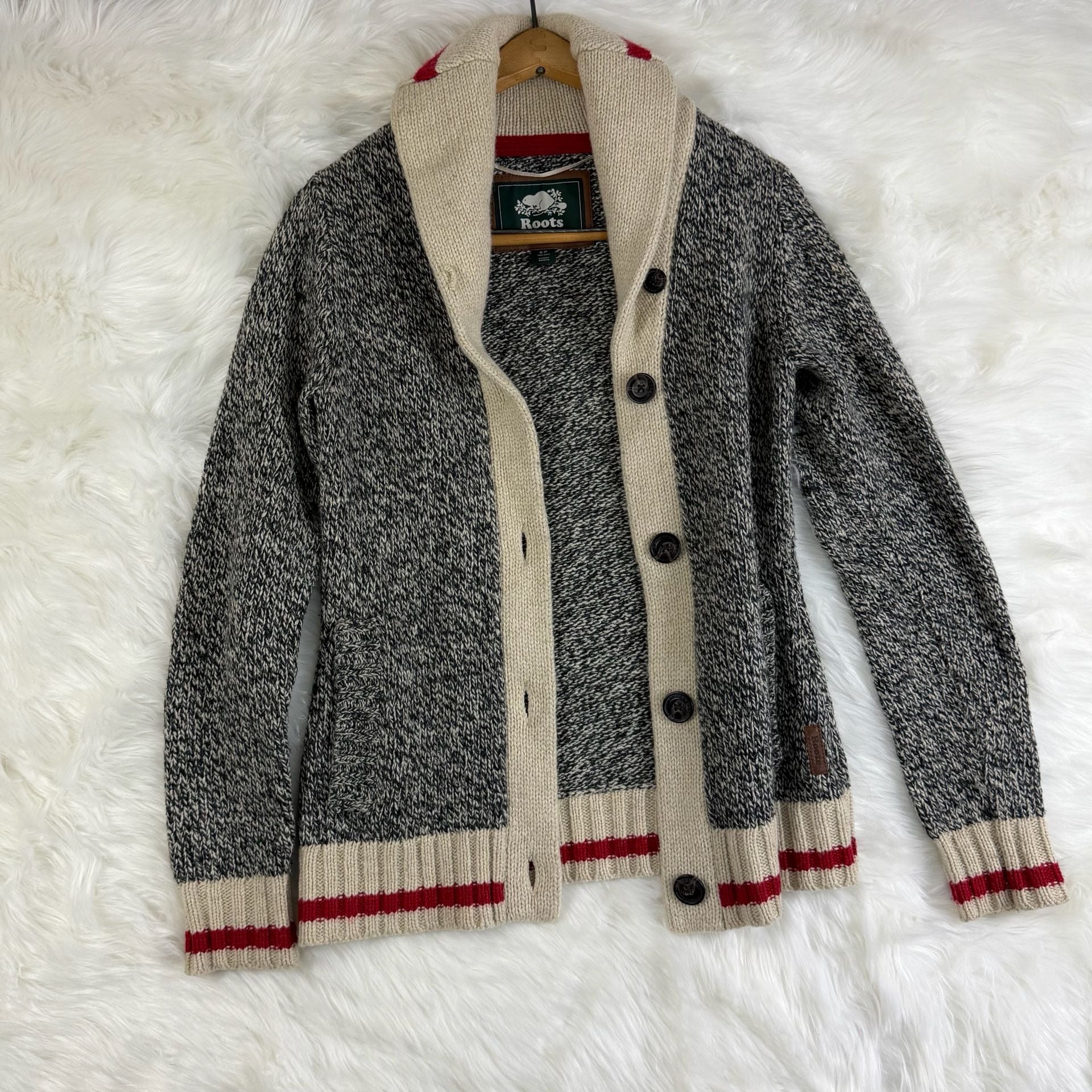 Roots Canada Cardigan Size S Shawl Collar Grey Wool Blend Knit Sweater 13