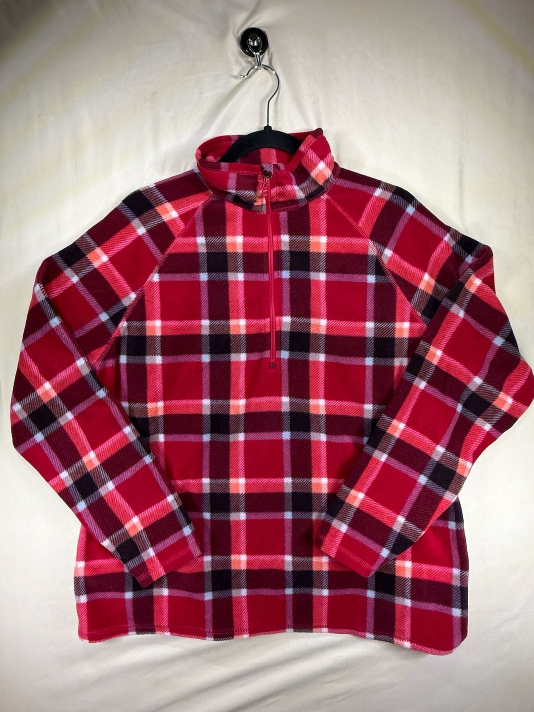 Eddie Bauer Fleece 1/4 Zip Pullover W Size XL Red Plaid Mock Neck 2