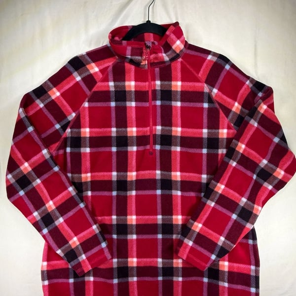 Eddie Bauer Fleece 1/4 Zip Pullover W Size XL Red Plaid Mock Neck