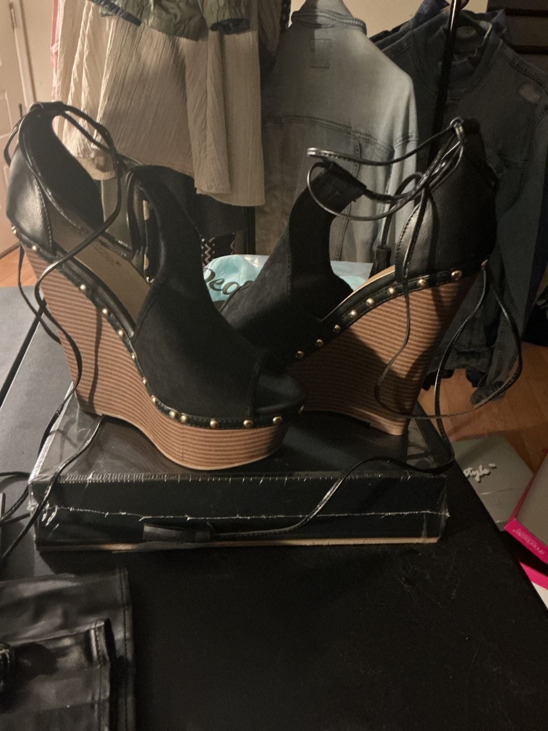 ShoeDazzle Black Lace-Up Studded Wedge Heels 2