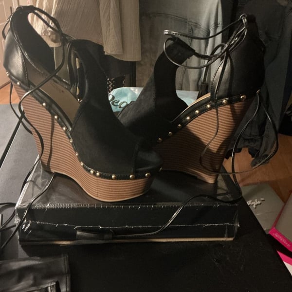 ShoeDazzle Black Lace-Up Studded Wedge Heels