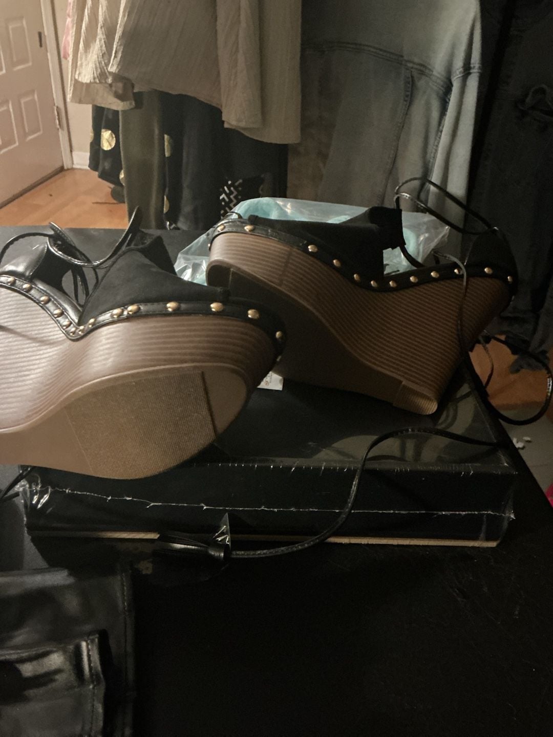 ShoeDazzle Black Lace-Up Studded Wedge Heels 3