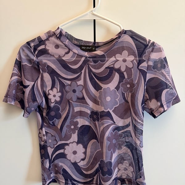 Semi Sweet Mesh Top Purple Floral Swirl Y2K