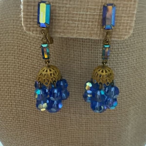 Lewis Segal California Blue Crystal Mini Chandelier Earrings, 1970s, Clip Backs