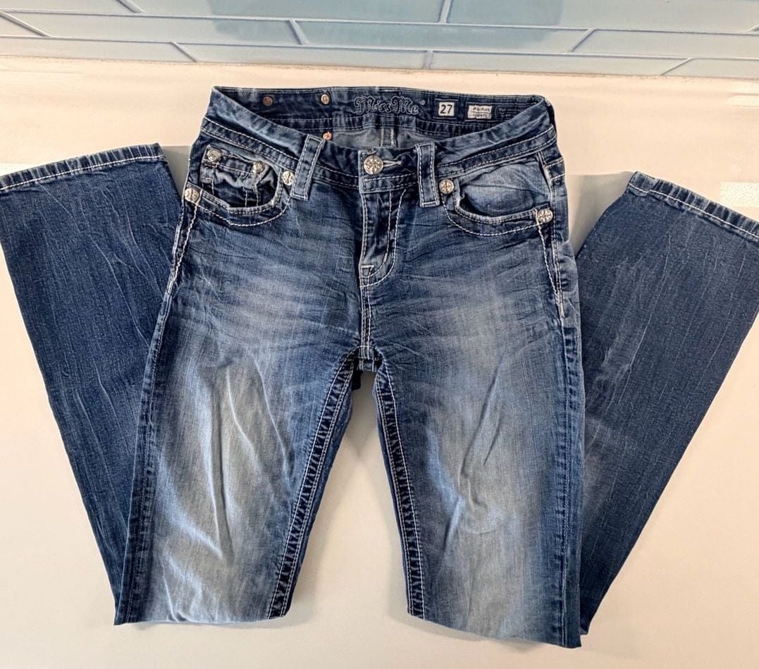 Miss Me Mid-Rise Bootcut Jeans Size 27 Blue Embellished 2