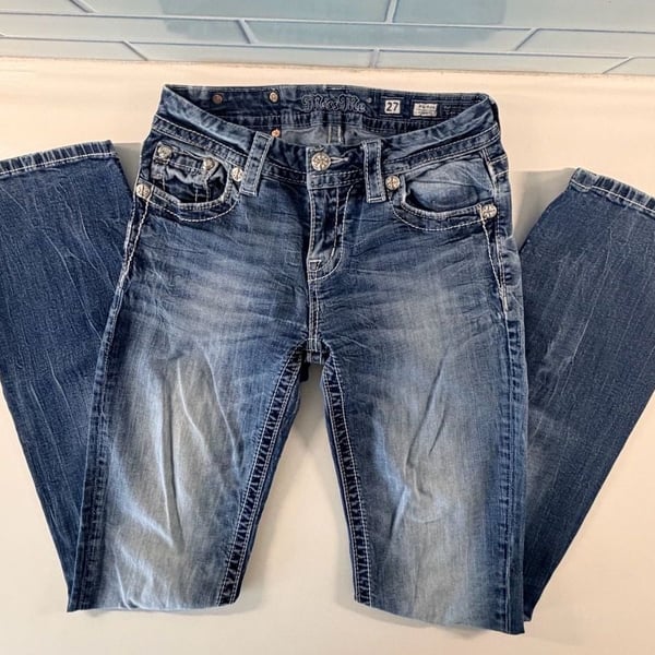 Miss Me Mid-Rise Bootcut Jeans Size 27 Blue Embellished
