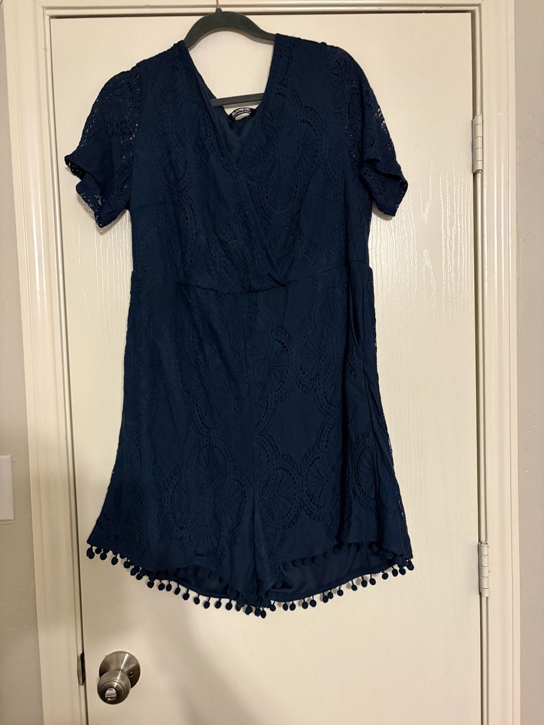BloomChic Romper Size US 14-16 Navy Blue Lace Pom Pom Trim V-Neck Shorts 2
